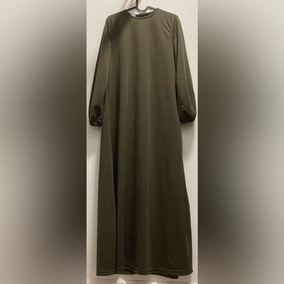 Khaki Green Long Modest Dress - Picture 3 of 4